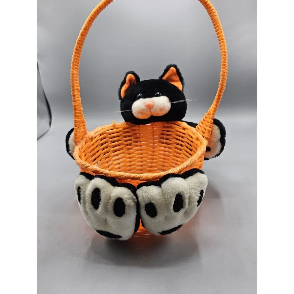 Vintage Topstone Industries Orange Halloween Candy‎ Basket W/ Black Cat Plush